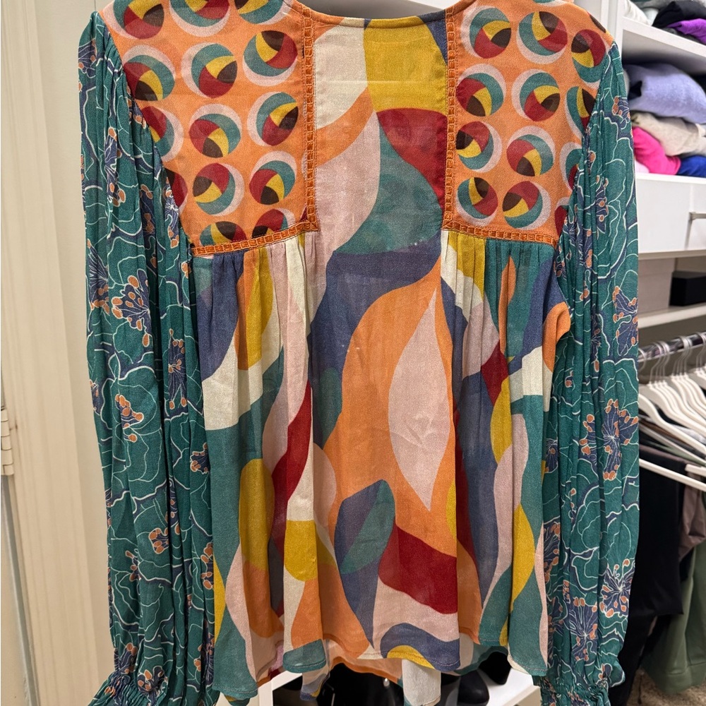Anthropologie Orange Graphic Long Sleeve Blouse
